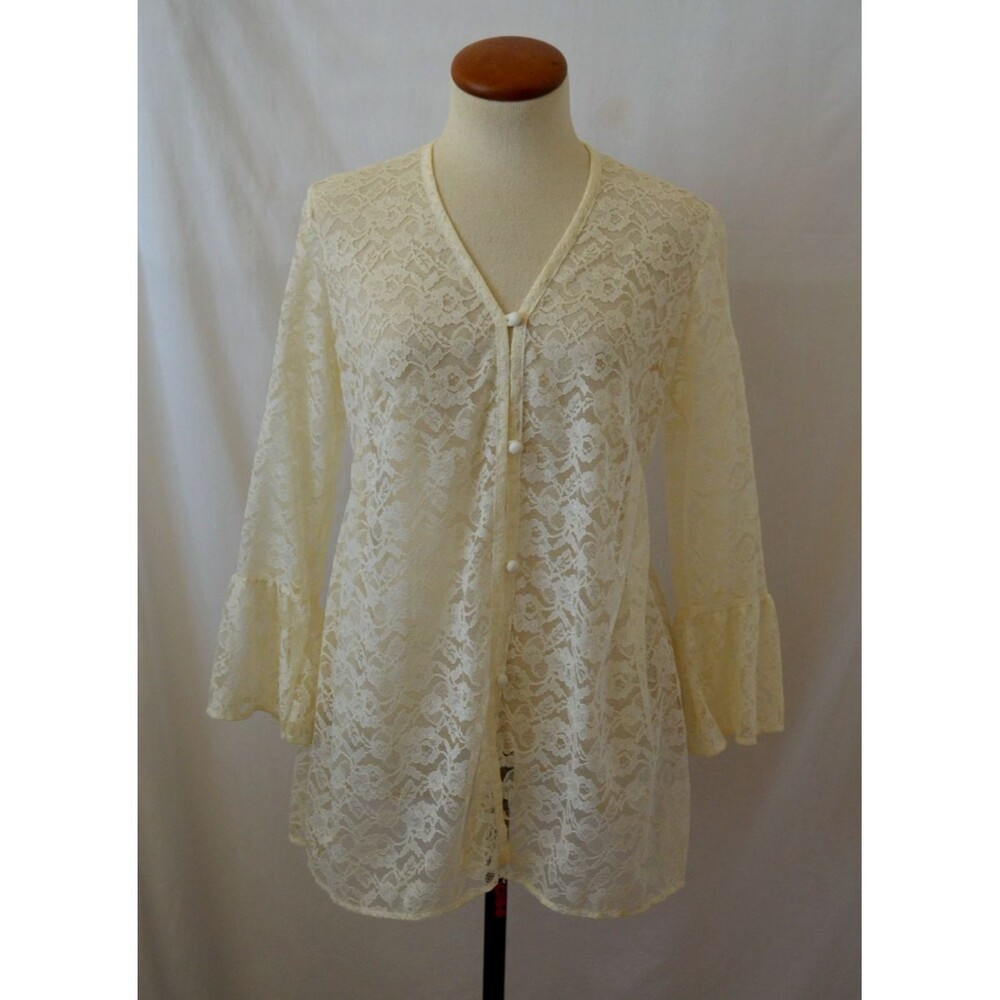 Jantzen M Lace Button Front Swim Cover Up Ivory Sheer Top Vacation Peplum Back